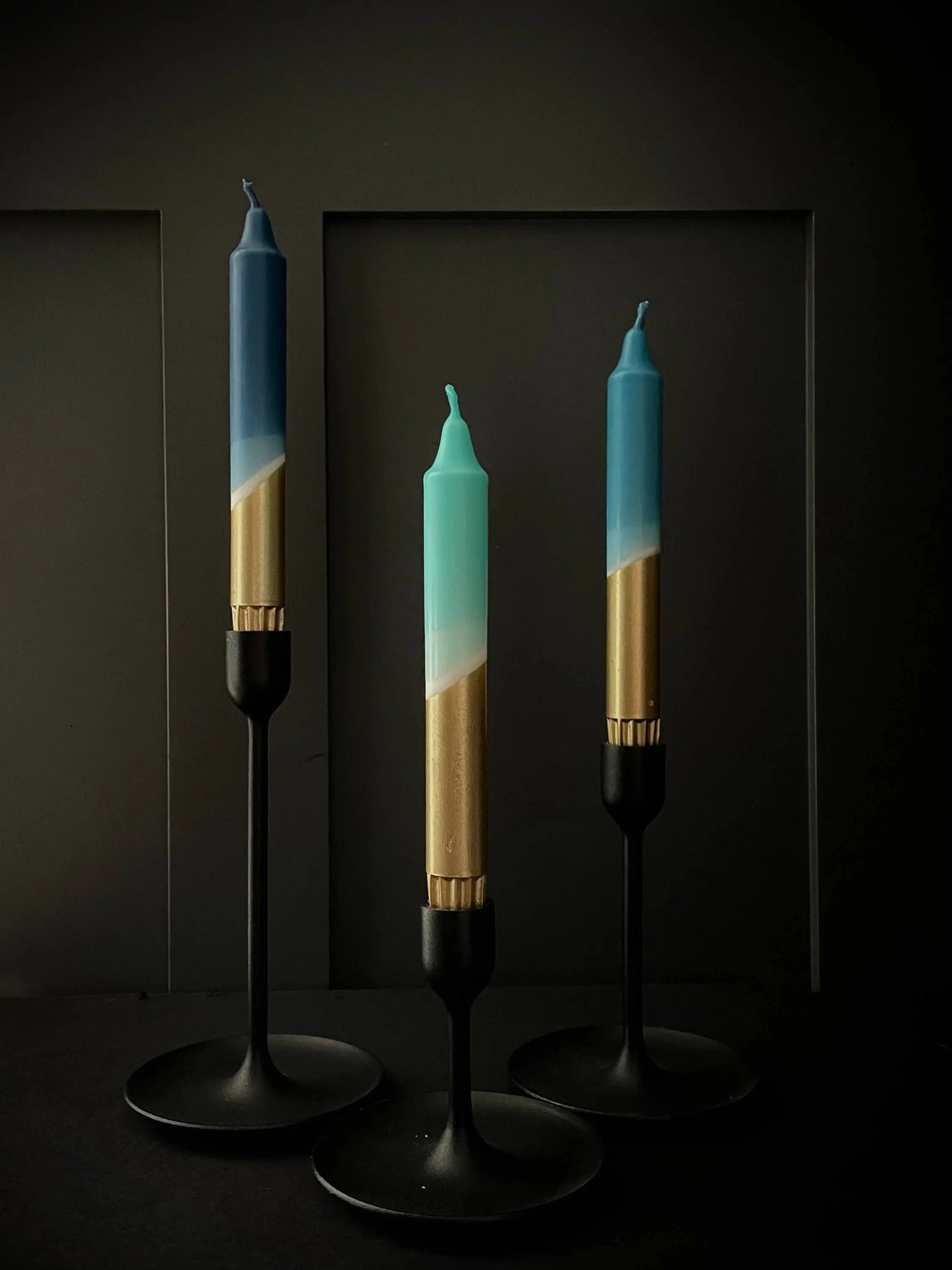 Teal, Hawaiian Blue, Turquoise & Gold Dip Dye Dinner Candles The Style Closet
