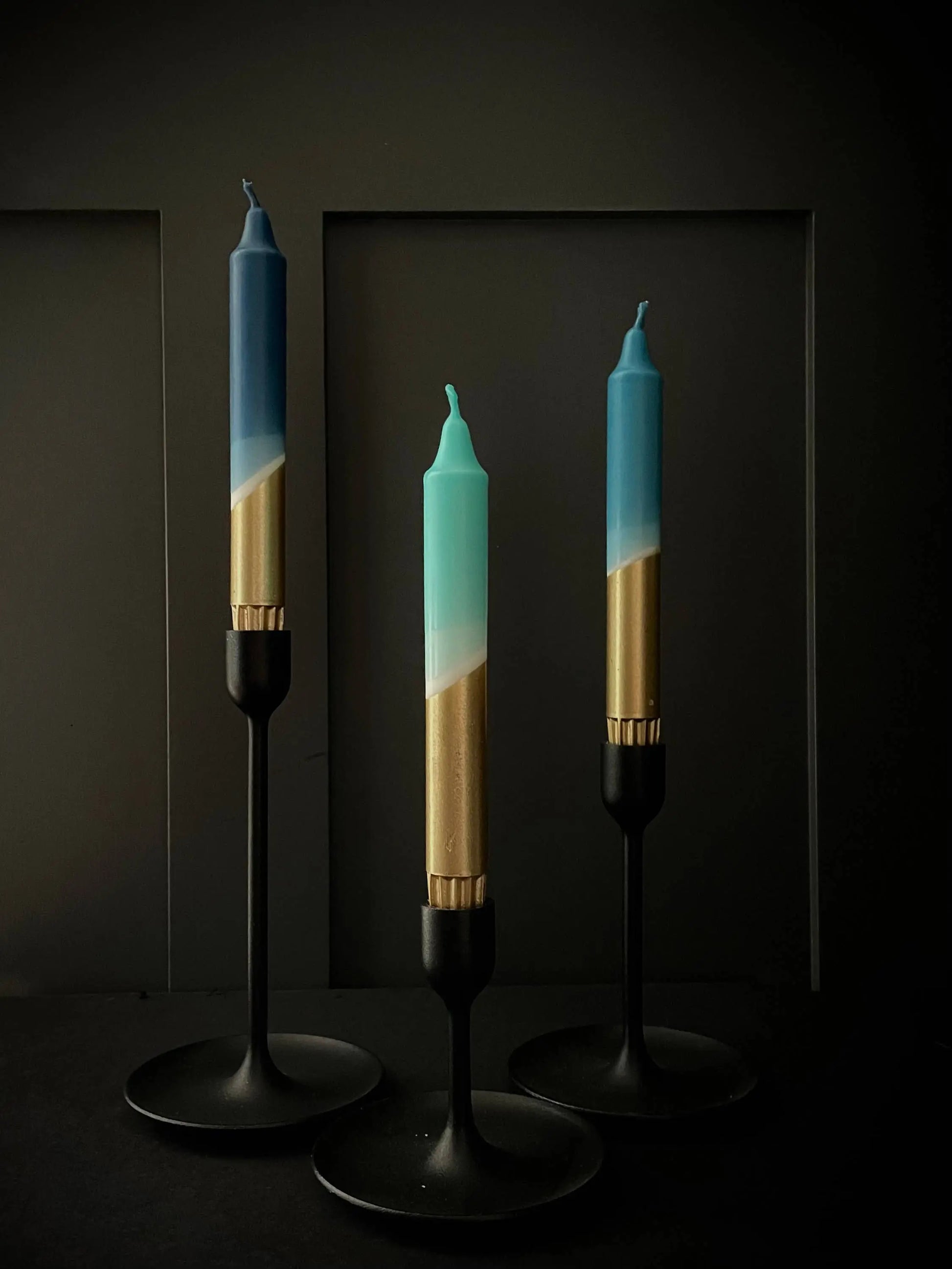 Teal, Hawaiian Blue, Turquoise & Gold Dip Dye Dinner Candles The Style Closet