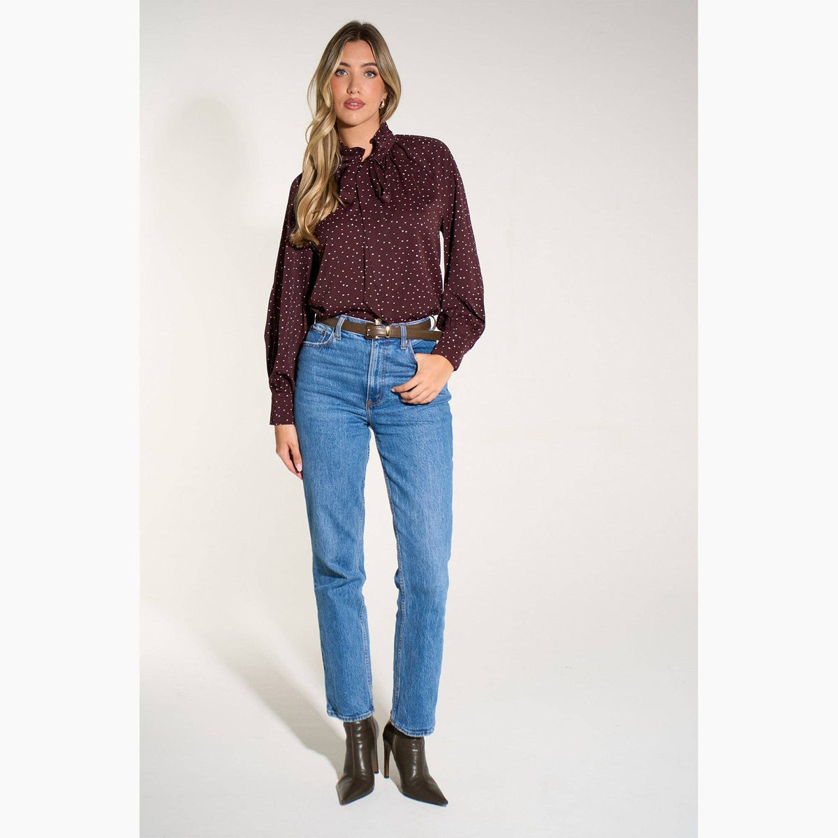 Silk Feel Heart Print Tie Neck Blouse in Berry: Large (UK 16-18)