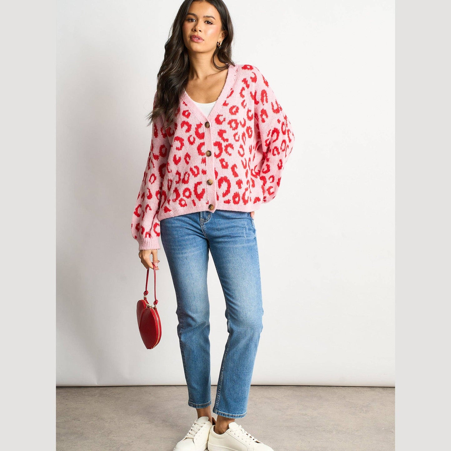 Leopard Print Italian Wool Blend Cardigan in Pink/Red: One-size (UK 8-18)