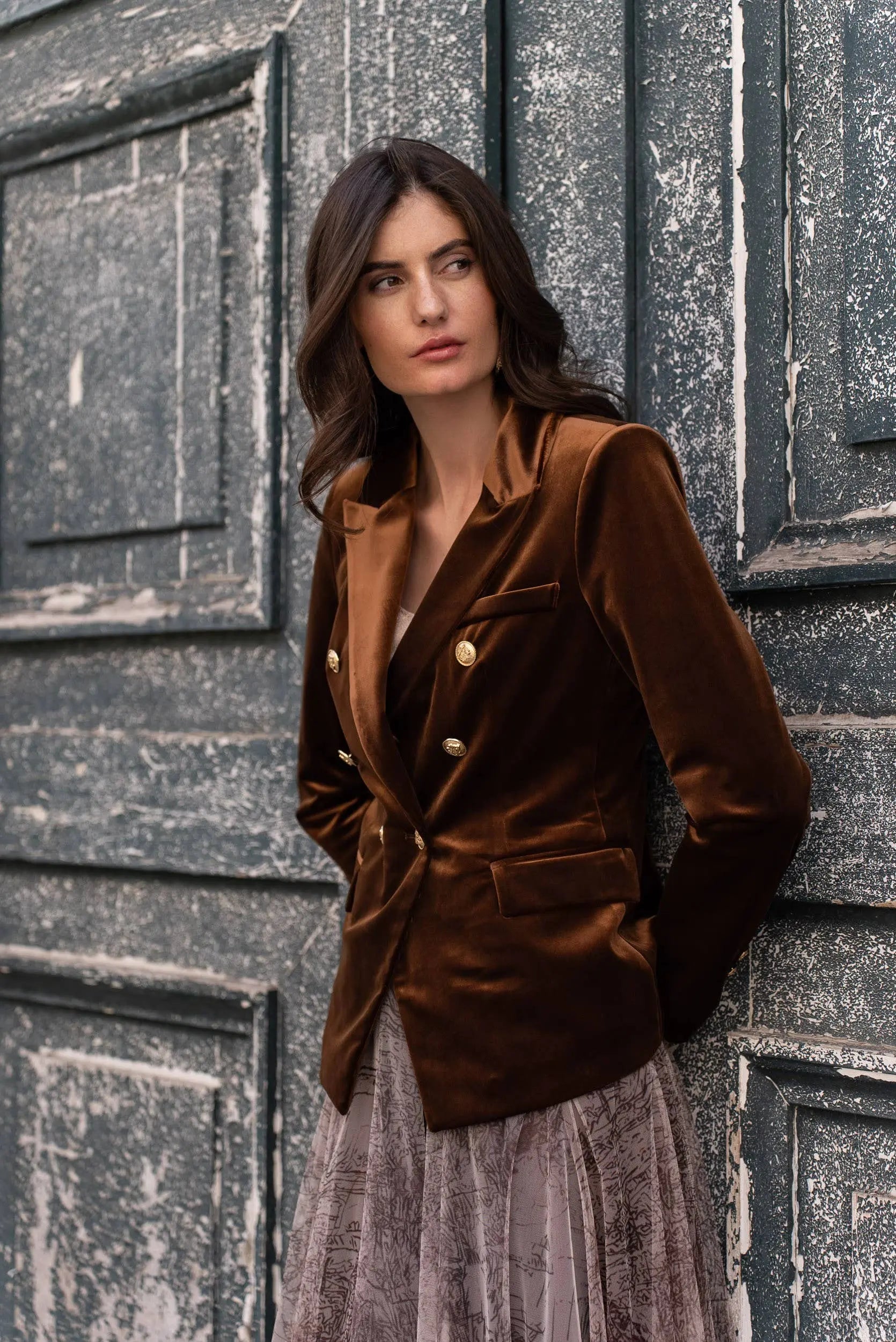 Double-breasted velvet blazer with gold buttons - KHAKI The Style Closet