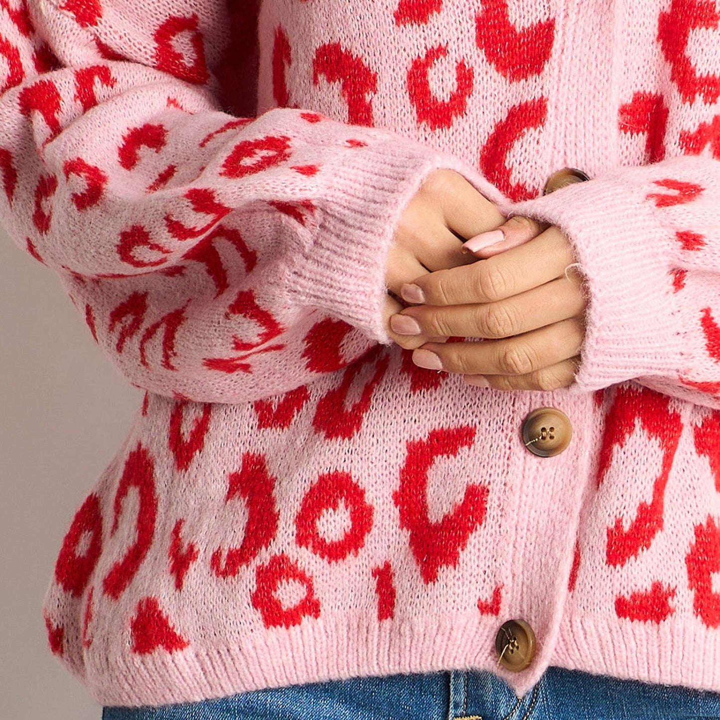 Leopard Print Italian Wool Blend Cardigan in Pink/Red: One-size (UK 8-18)