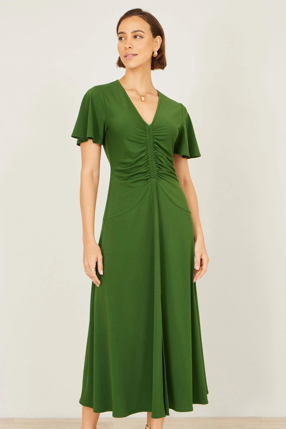 Yumi Green Ruched Front Stretch Midi Dress: Green / 10 Yumi
