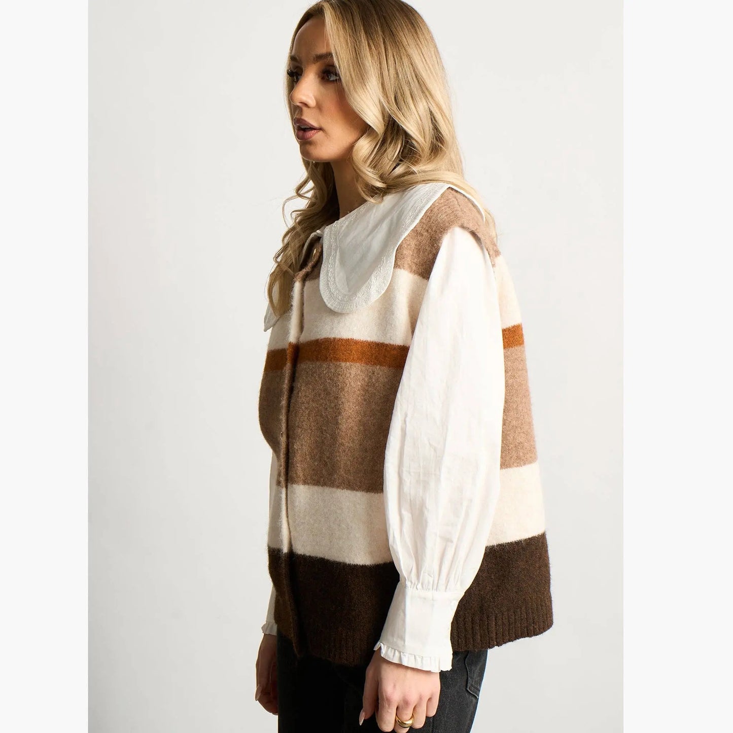 Heart Buttons Striped Sleeveless Vest in Neutral: One-size (UK 8-16) The Style Closet
