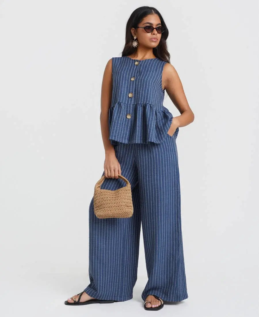 Blue Stripe Peplum Top: M Needs No Label