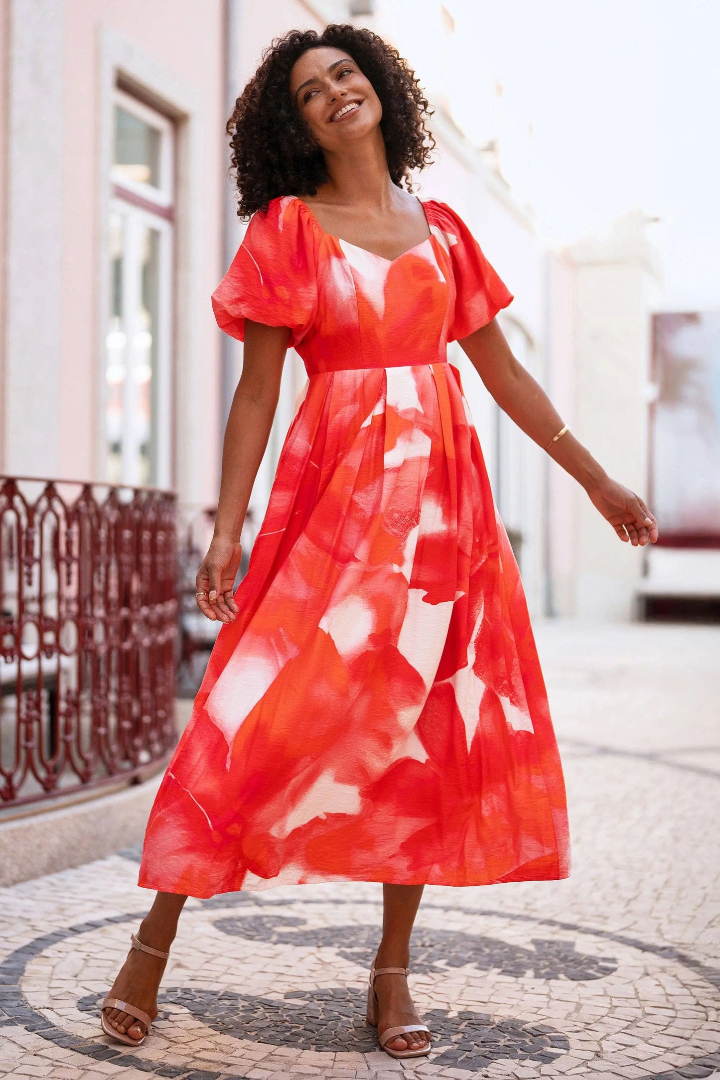Red Viscose Floral Midi Dress With Puff Sleeves: Red The Style Closet