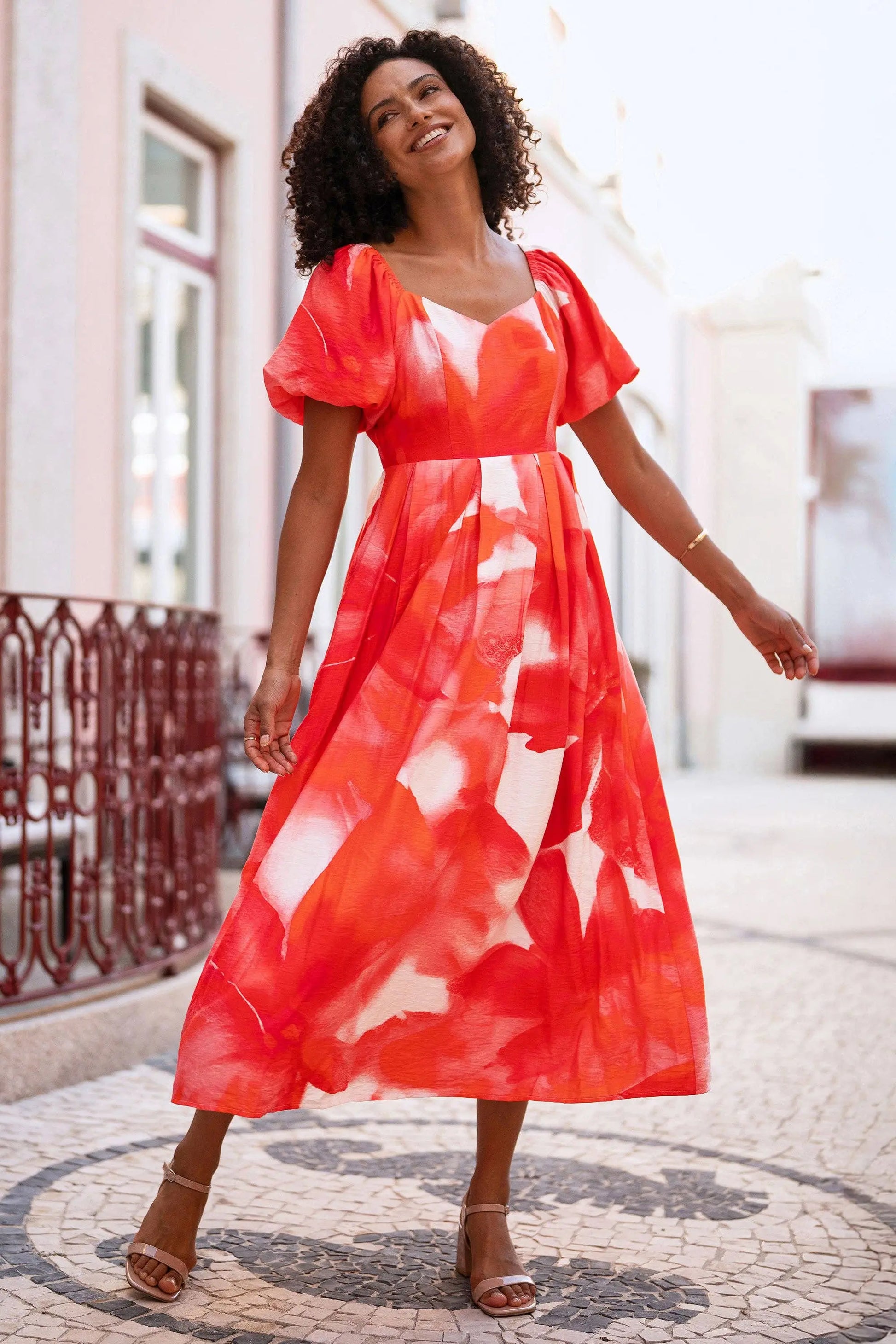 Red Viscose Floral Midi Dress With Puff Sleeves: Red The Style Closet