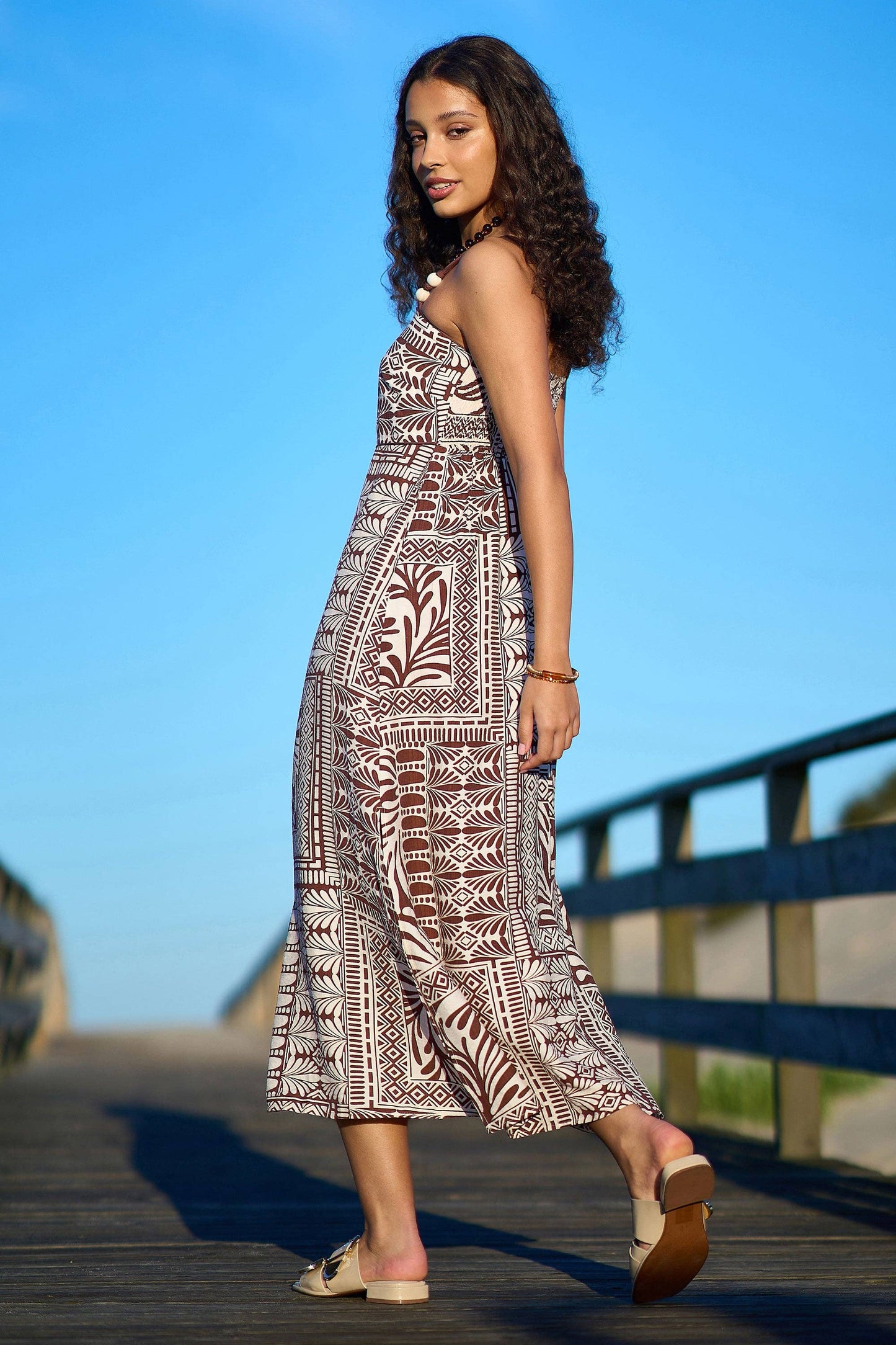 Yumi Brown Tile Print Maxi Dress With Bead Details: Brown / 14