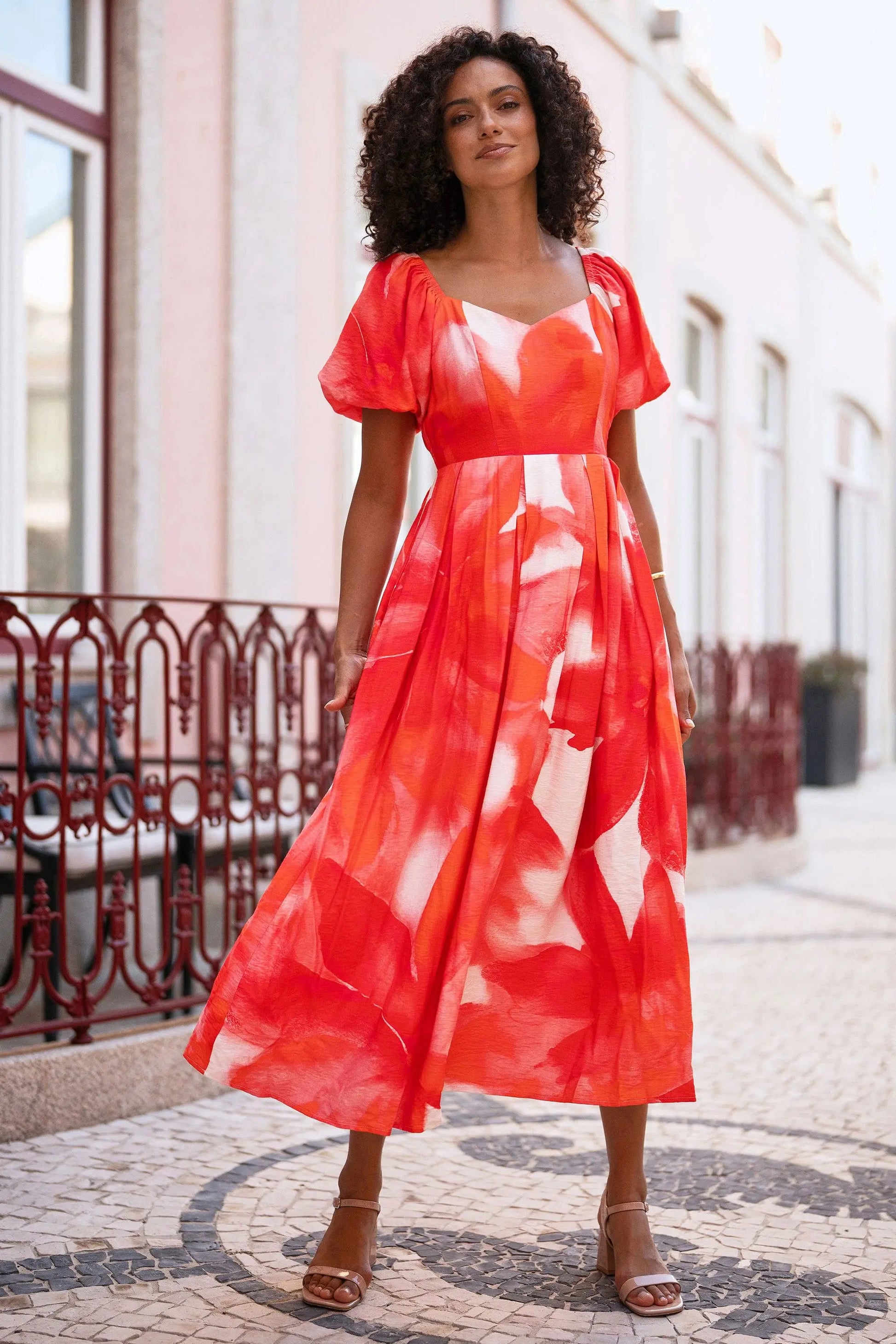 Red Viscose Floral Midi Dress With Puff Sleeves: Red The Style Closet