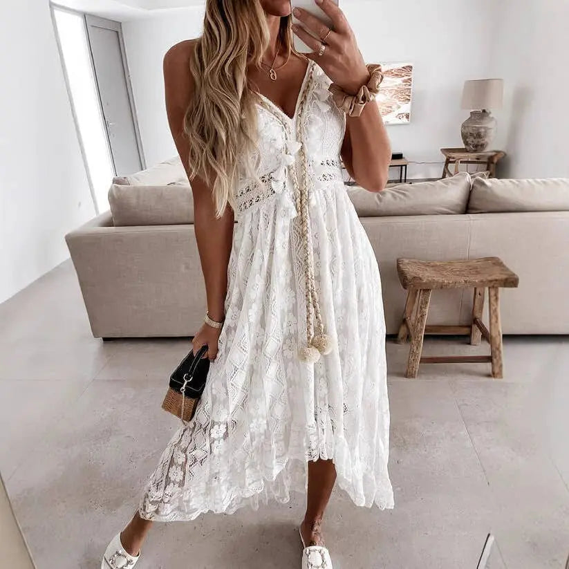 Tassel Detail White Boho Lace Beach Dress Cover-Up The Style Closet