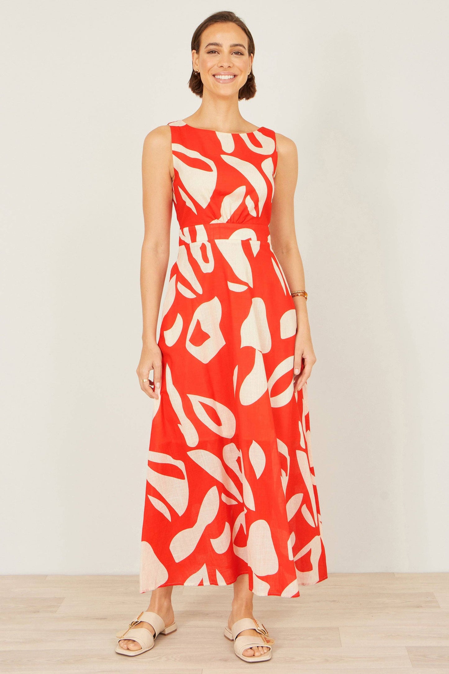 Yumi Orange Abstract Maxi Dress With Tie Back: Orange / 8