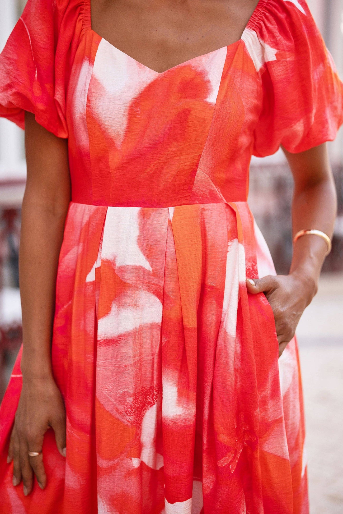 Red Viscose Floral Midi Dress With Puff Sleeves: Red The Style Closet