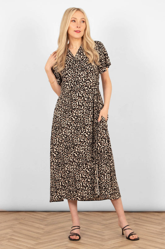 Short Sleeve Wrap Dress - Neutral, Leopard