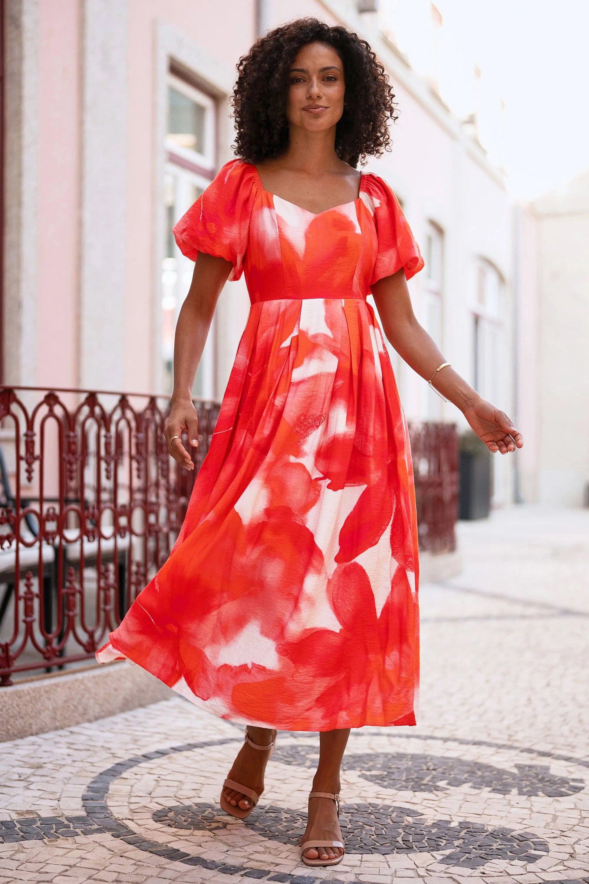 Red Viscose Floral Midi Dress With Puff Sleeves: Red The Style Closet