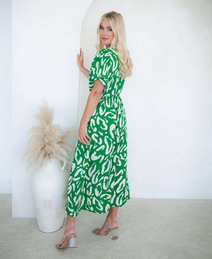 Green Animal Tie Front Midi Dress