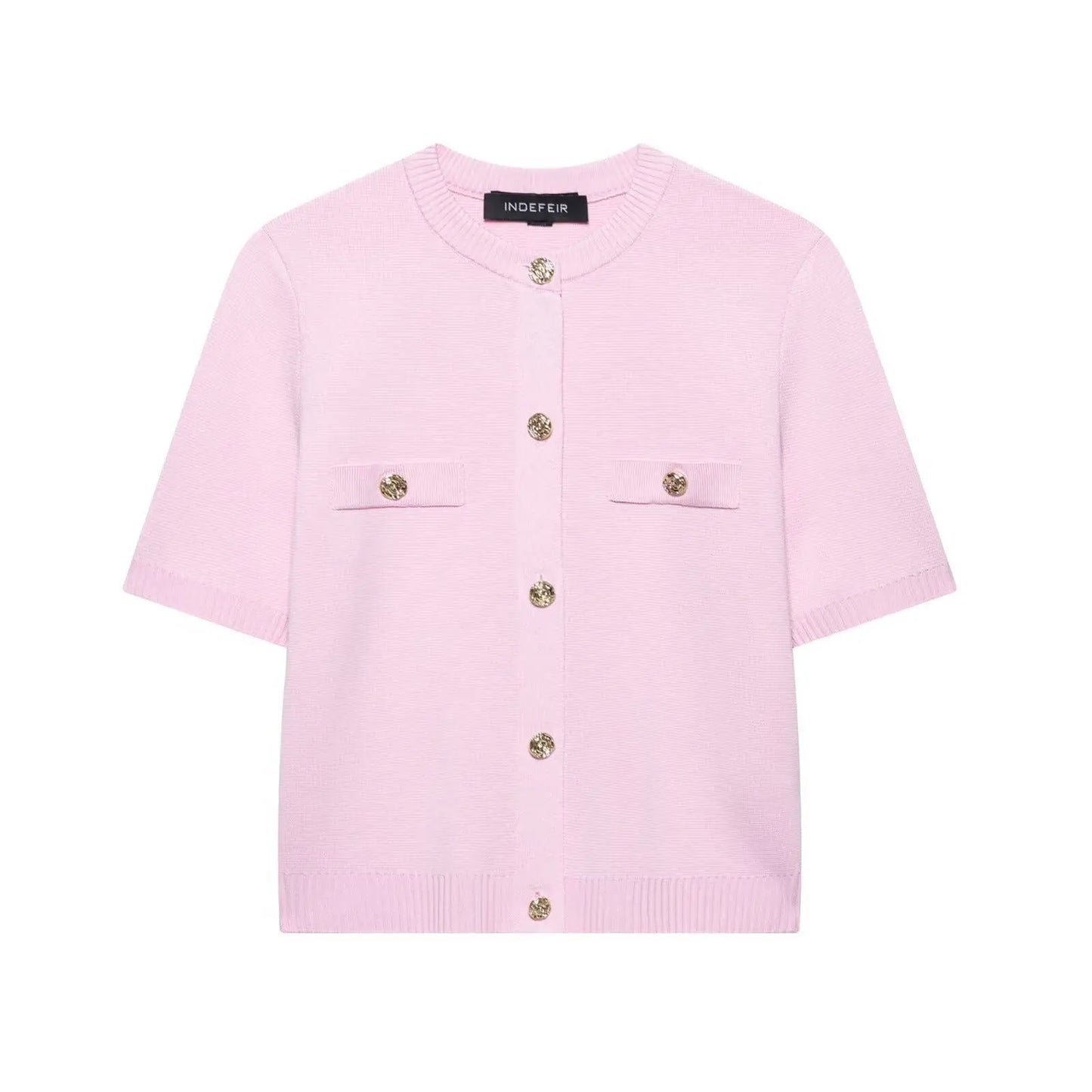 Short Sleeve Knit Top with Gold Button Accents: Pink The Style Closet