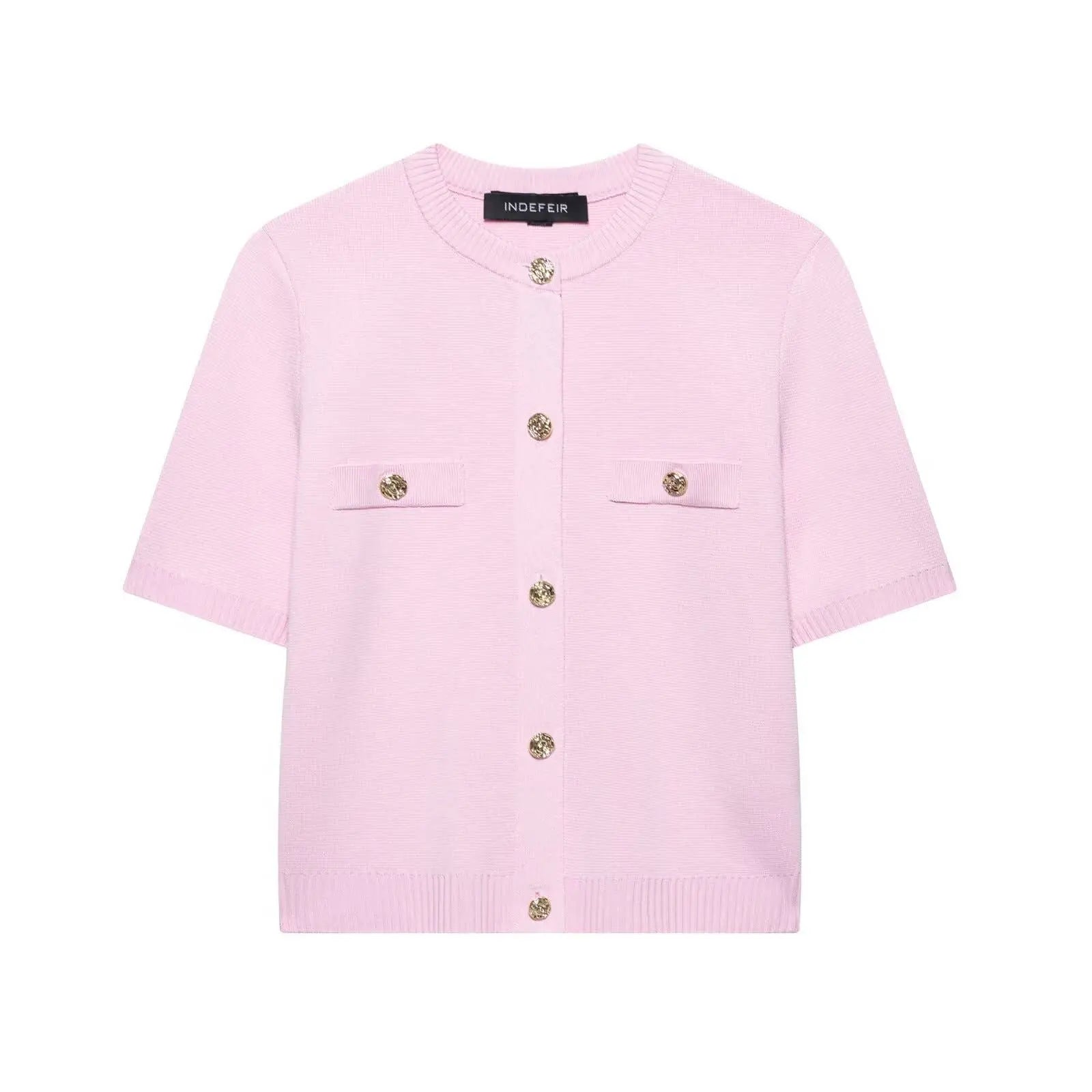 Short Sleeve Knit Top with Gold Button Accents: Pink The Style Closet