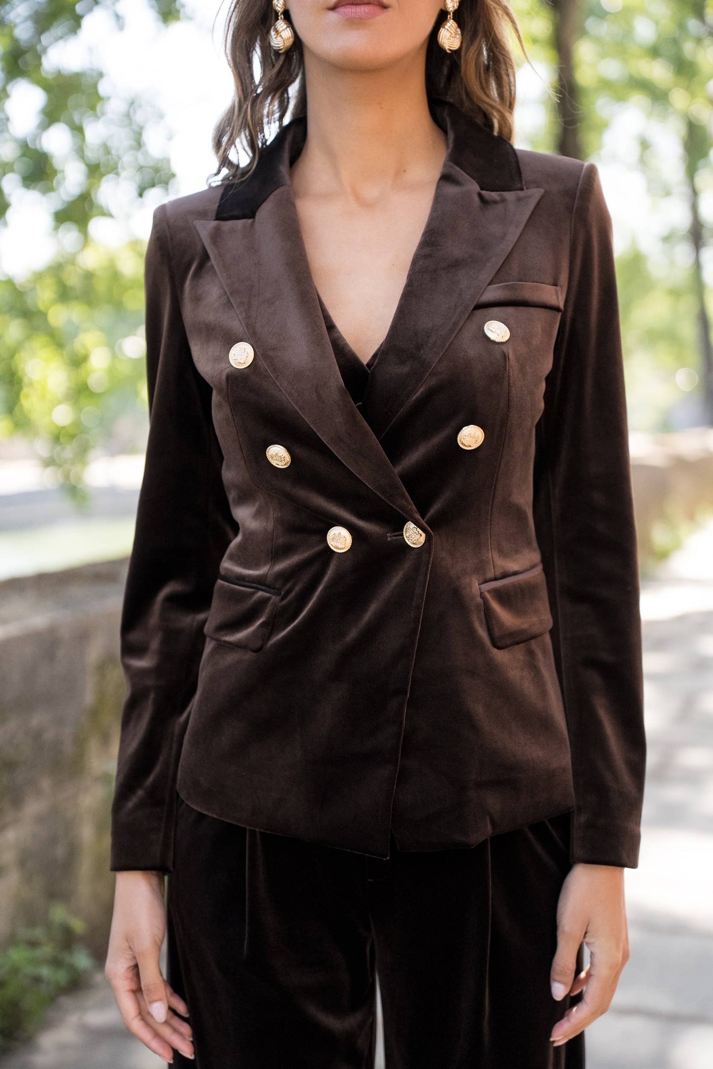 Double-breasted velvet blazer with gold buttons - Chocolate Brown
