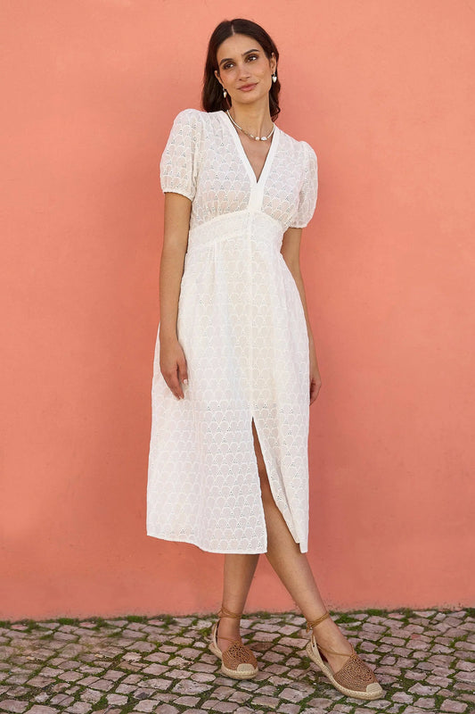 Yumi White Broderie Anglaise Midi Dress With Split Hemline: White / 14 Yumi