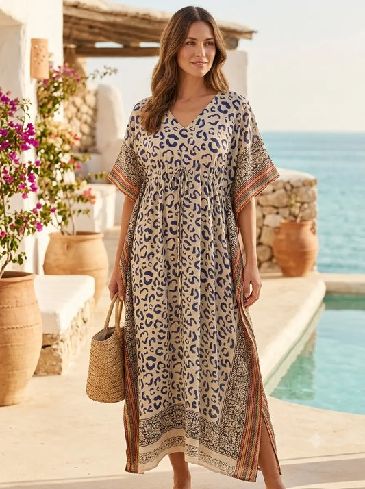 Cotton Kaftan in Blue Leopard: One Size ANGELEYE