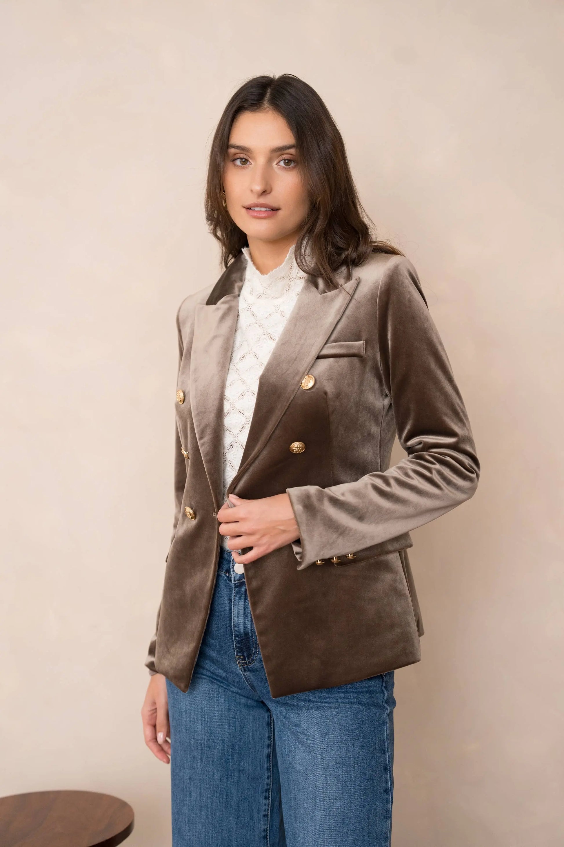 Double-breasted velvet blazer with gold buttons - KHAKI The Style Closet