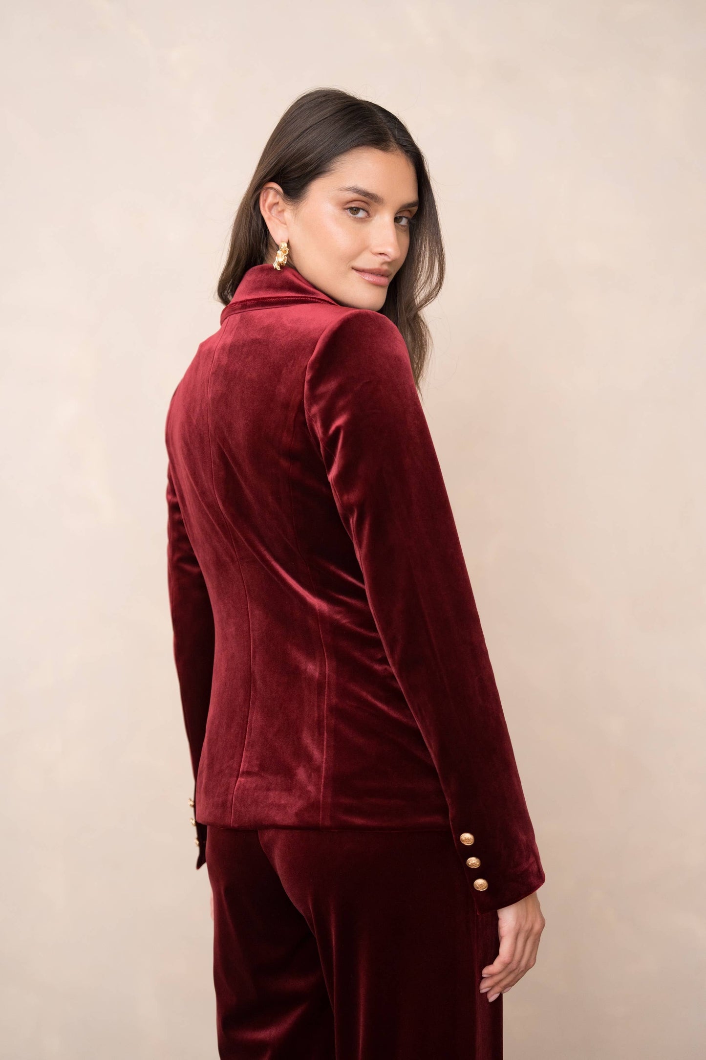 Double-breasted velvet blazer with gold buttons - Chocolate Brown