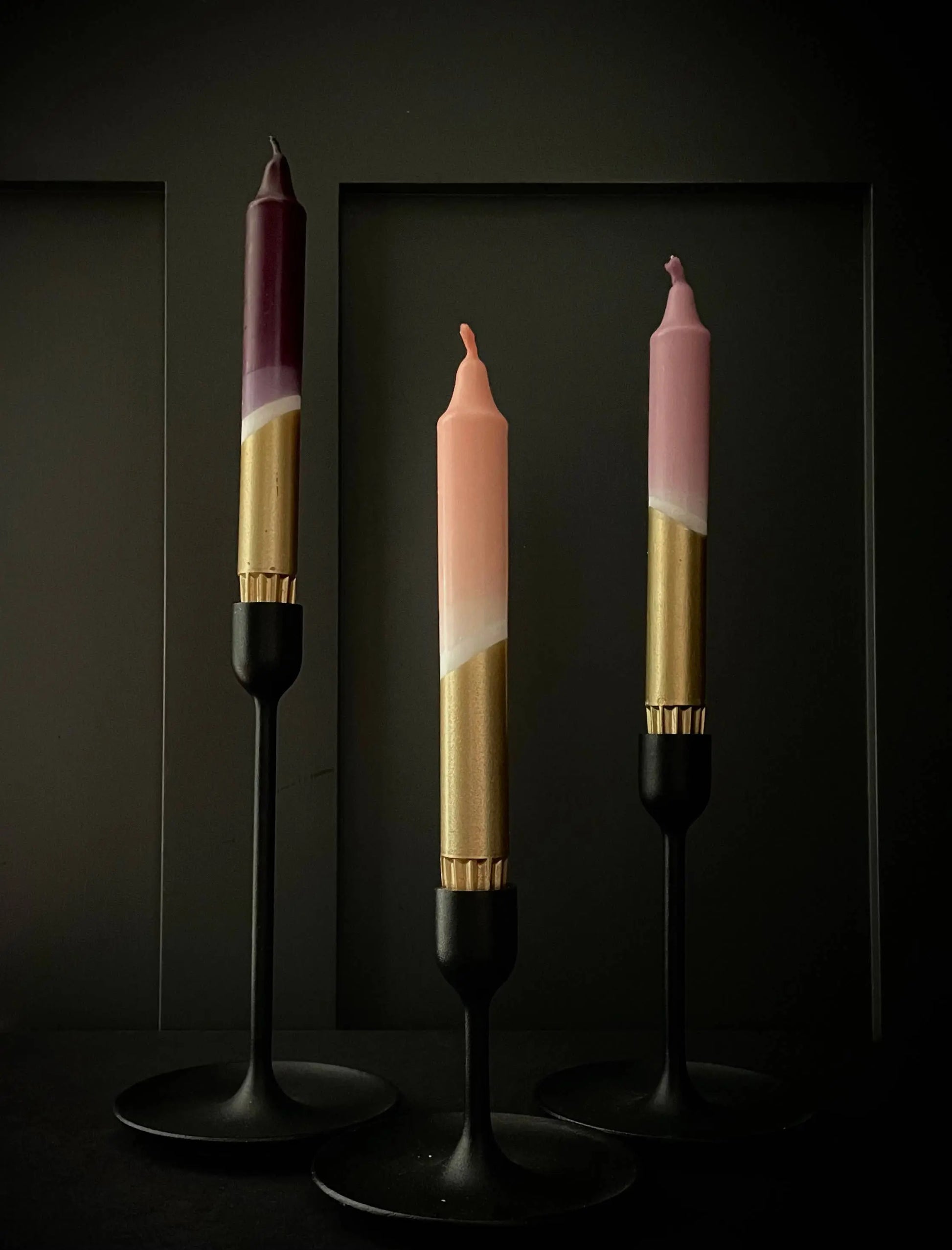 Aubergine, Heather, Blush Pink & Gold Dip Dye Dinner Candles The Style Closet