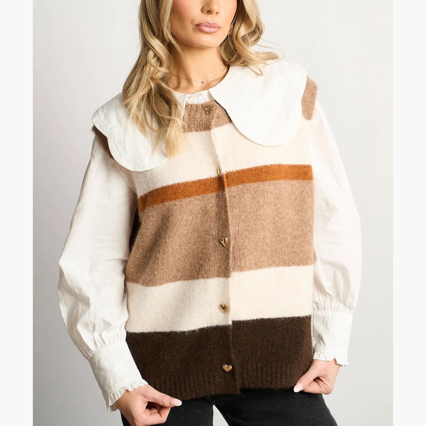 Heart Buttons Striped Sleeveless Vest in Neutral: One-size (UK 8-16) The Style Closet