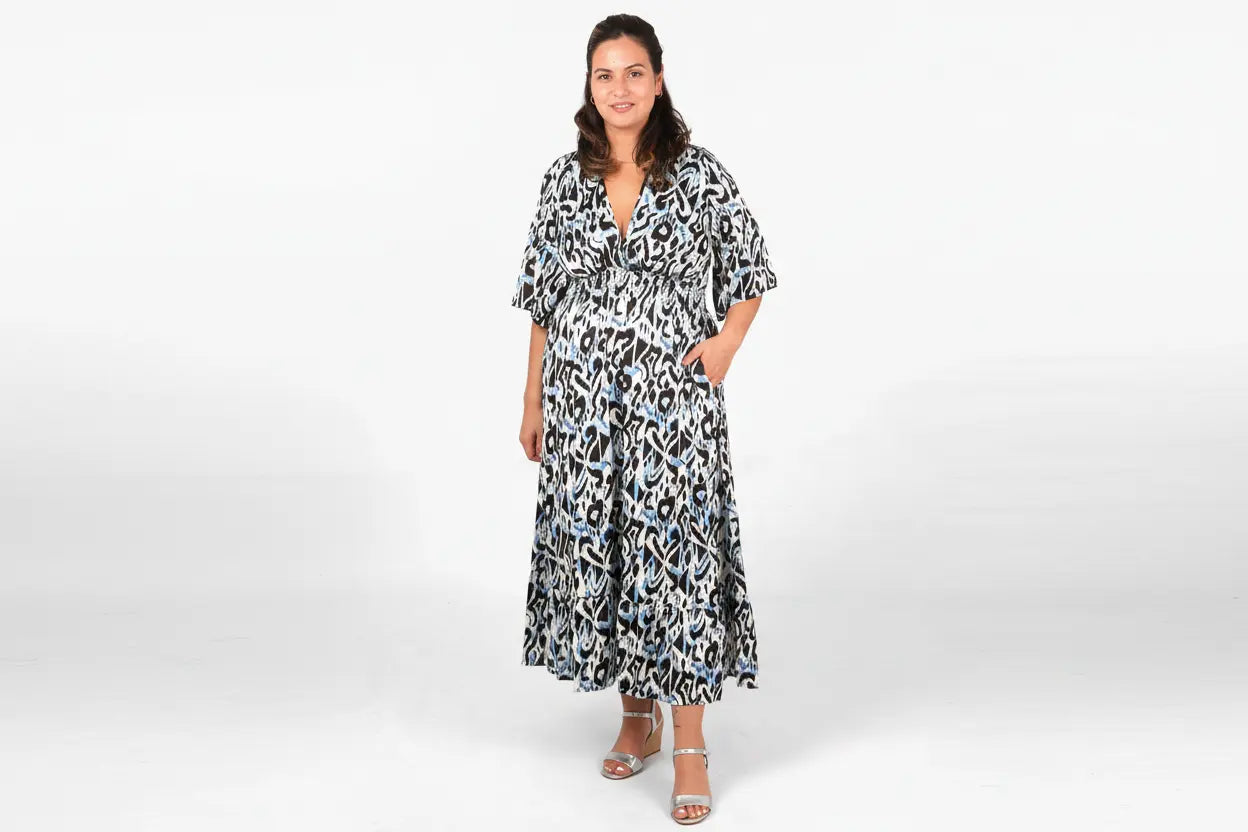 Abstract Ikat Print V-Neck Shirred Maxi Dress in Blue The Style Closet