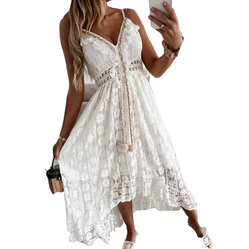 Tassel Detail White Boho Lace Beach Dress Cover-Up The Style Closet