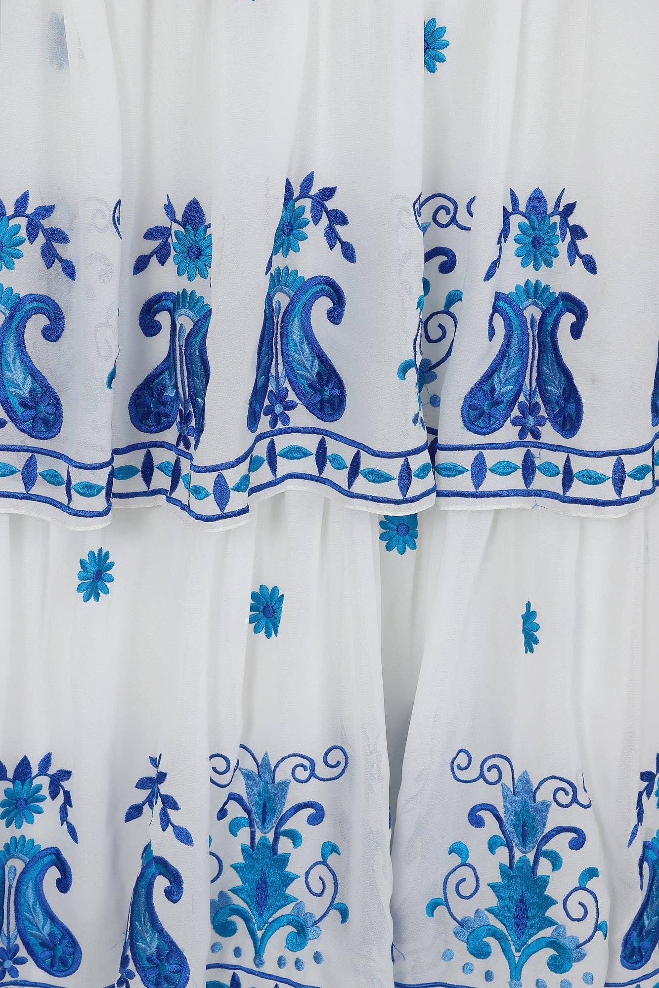 Elodea White and Blue Embroidered Tiered Maxi Dress: 12 / White