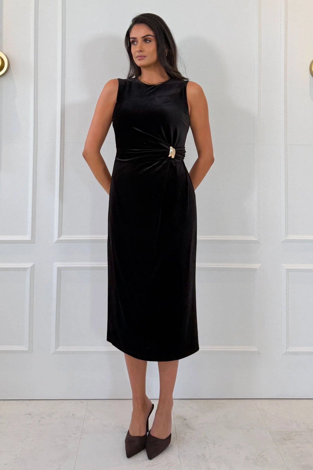 Louisa Velvet Gold Buckle Wrap detail Midi Dress Black The Style Closet
