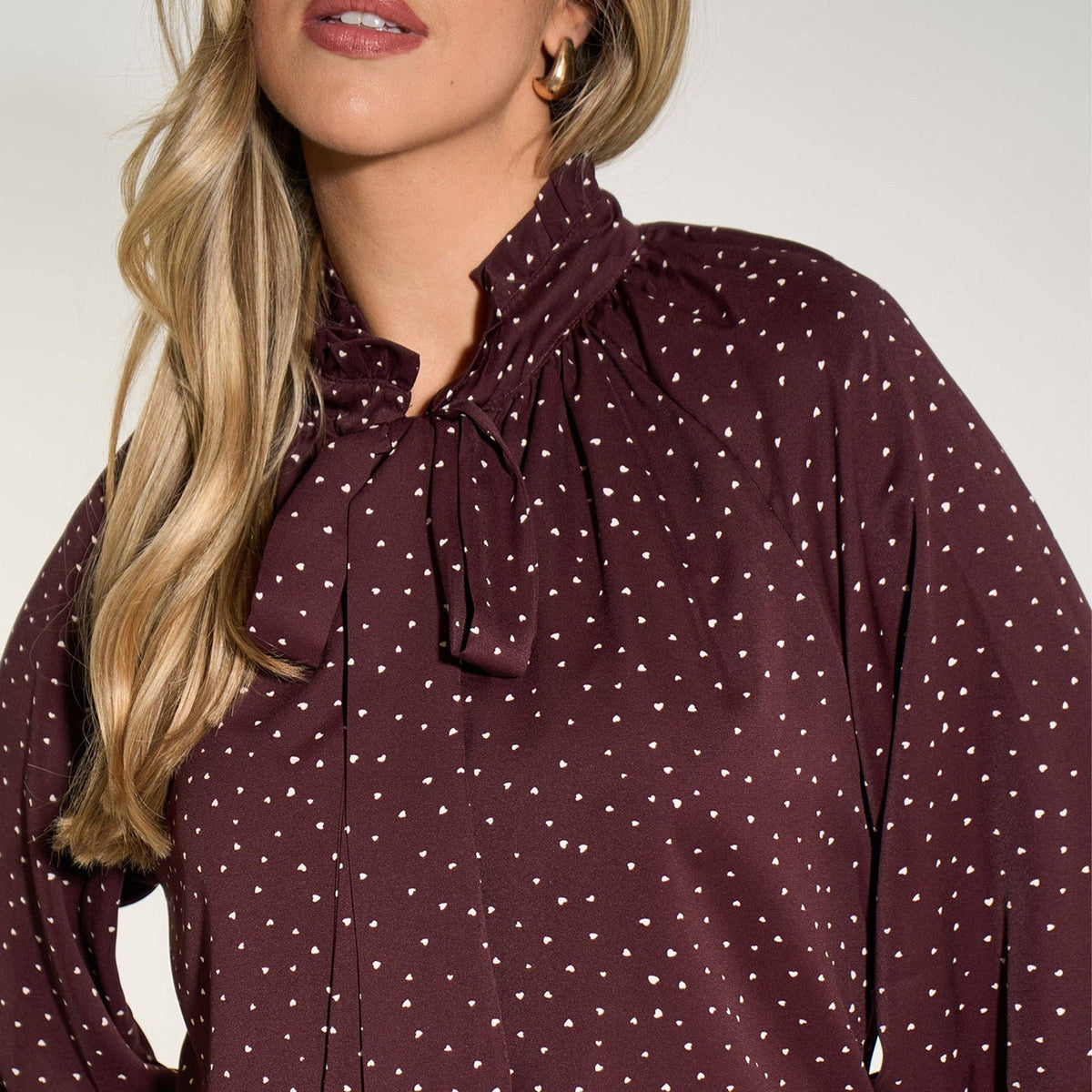 Silk Feel Heart Print Tie Neck Blouse in Berry: Medium (UK 12-14)