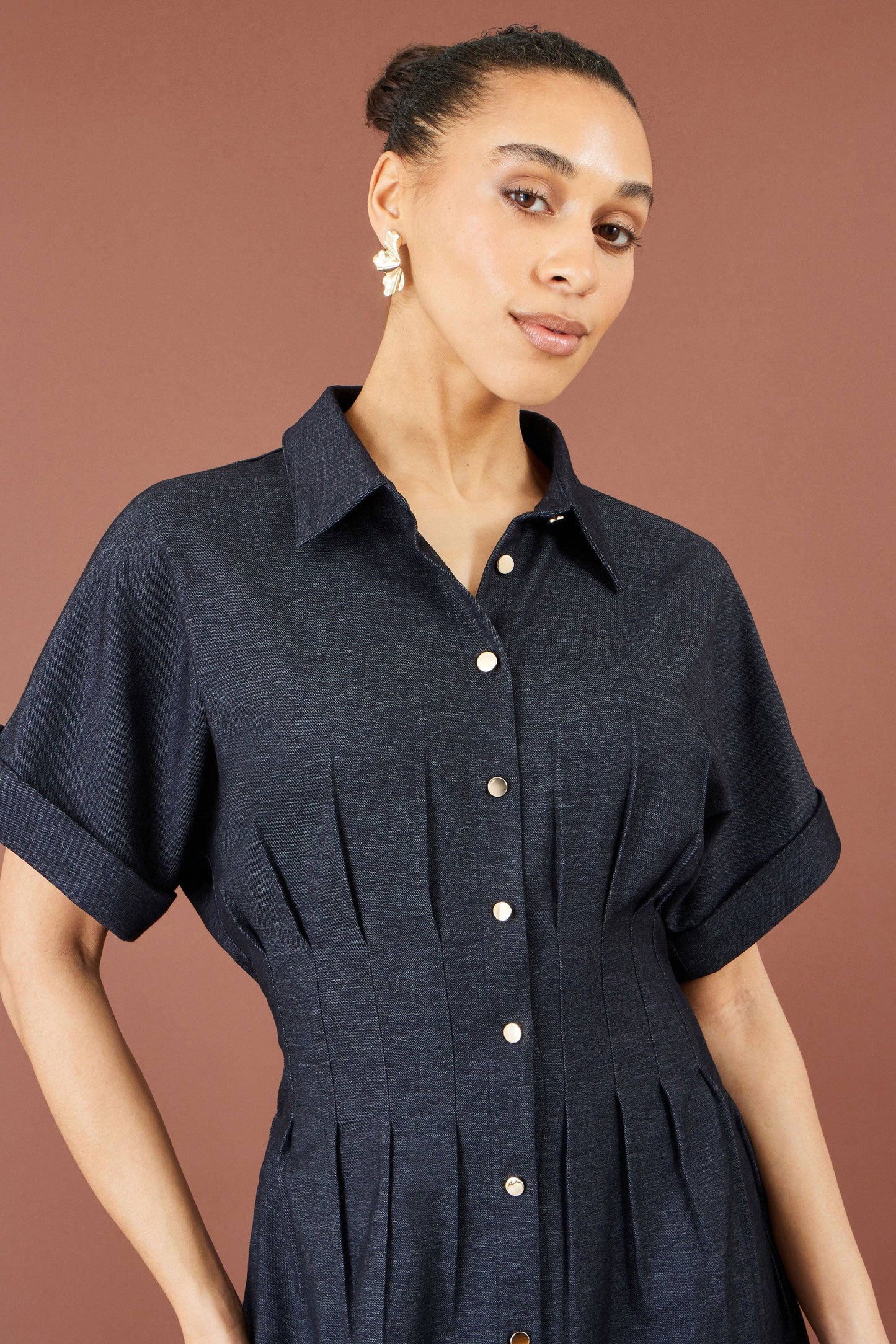 Navy Stretch Midi Shirt Dress: Blue