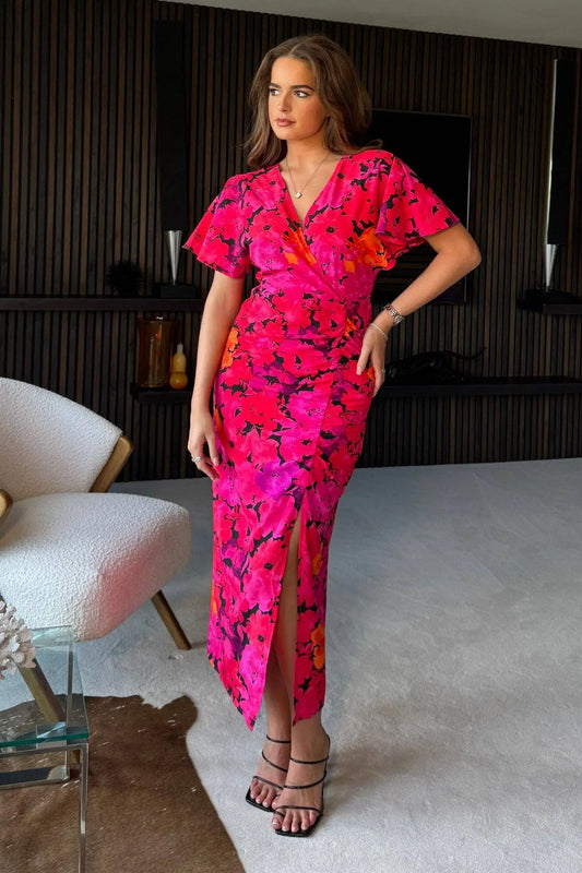 Priscilla Wrap Over Ruched Detail Midi Dress Pink Floral: Pink / Pack: 132201 Size 8-18 Girl in mind