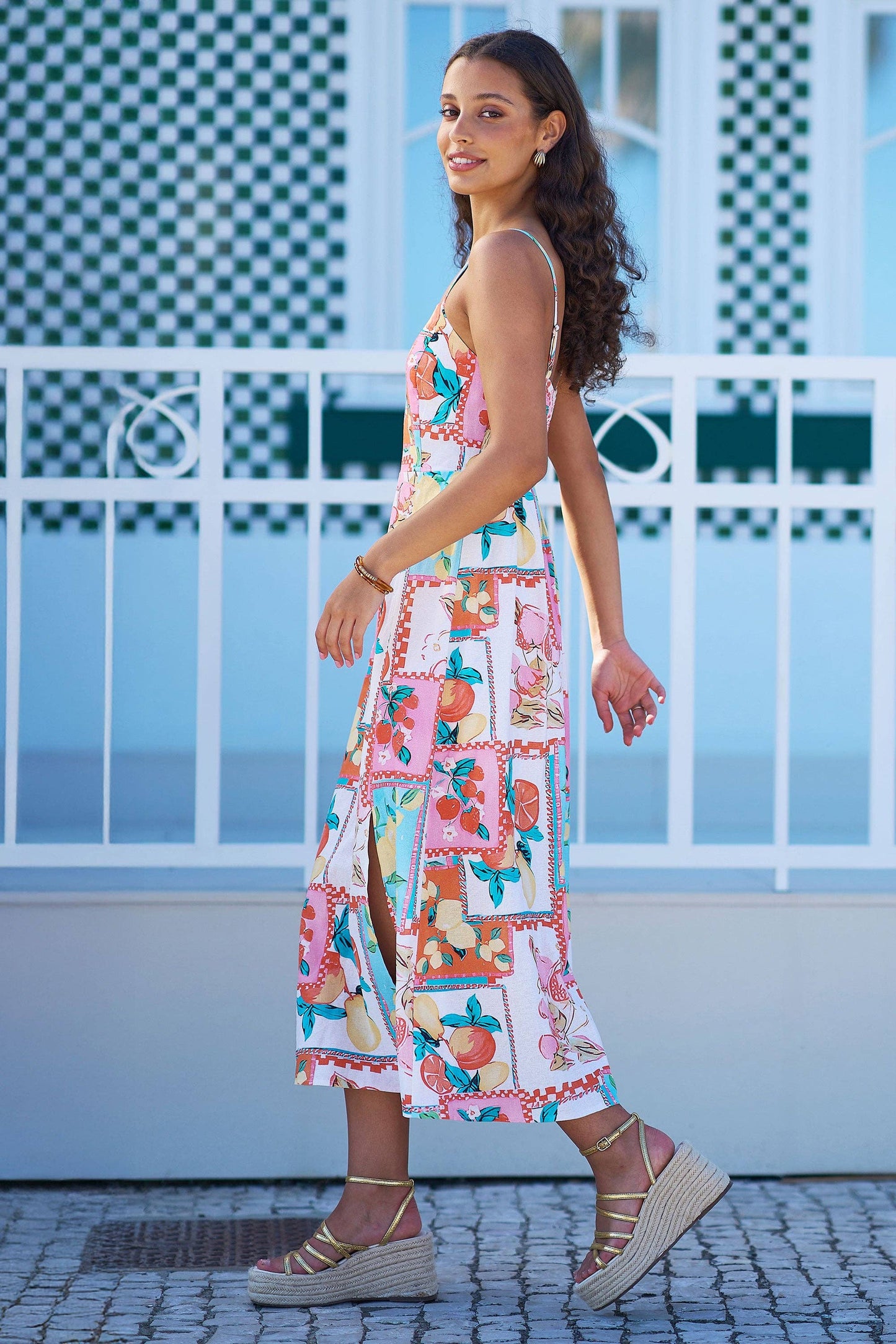 Multicolour Fruit Print Midi Sun Dress Ruched Back