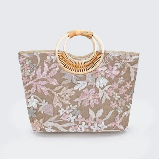 Pink Sequins Flowers Handbag with Bamboo Handles The Style Closet