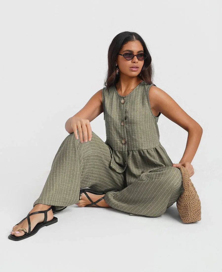 Khaki Stripe Peplum Top: M Needs No Label