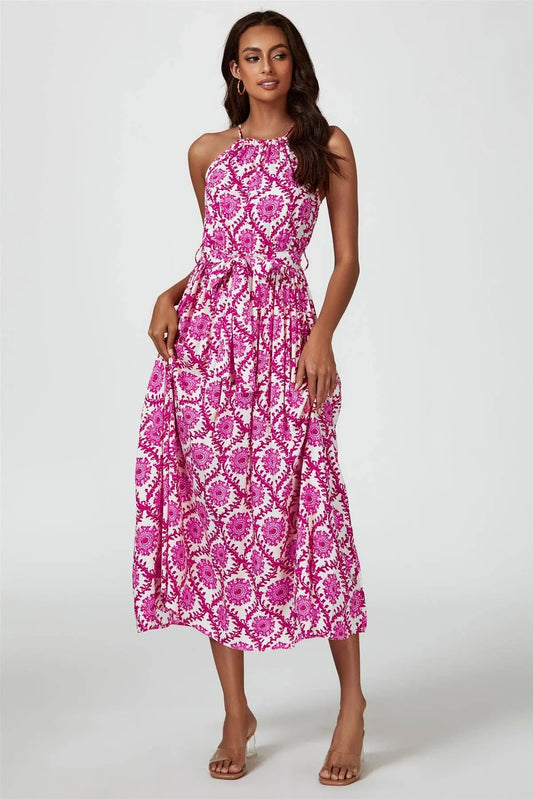 Floral Print Tie Halterneck Maxi Dress In Pink: Pink / S FS Collection