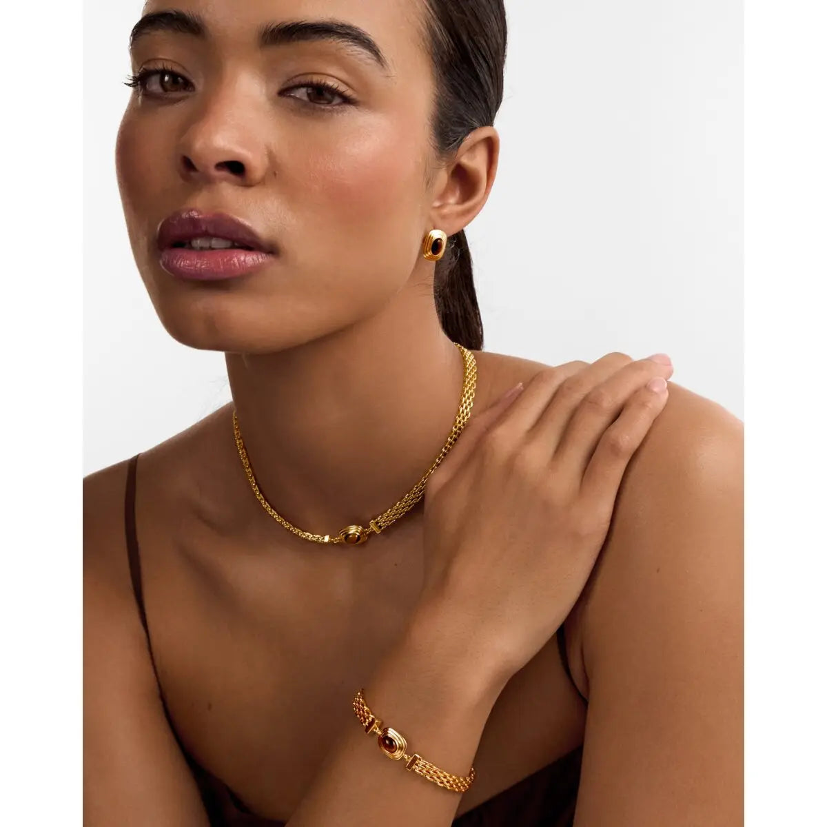 Tiger's Eye Waterproof Gold Button Necklace The Style Closet