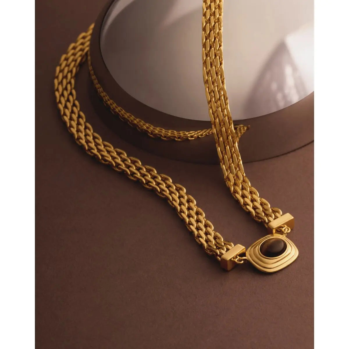 Tiger's Eye Waterproof Gold Button Necklace The Style Closet