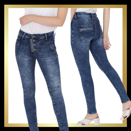 Melly & Co Zip Button Jeans - Denim Blue